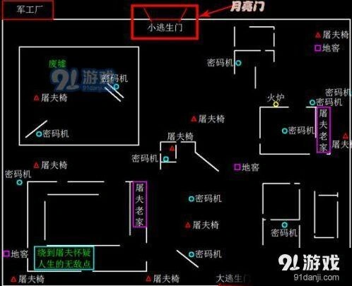第五人格军工厂平面图逃生门技巧